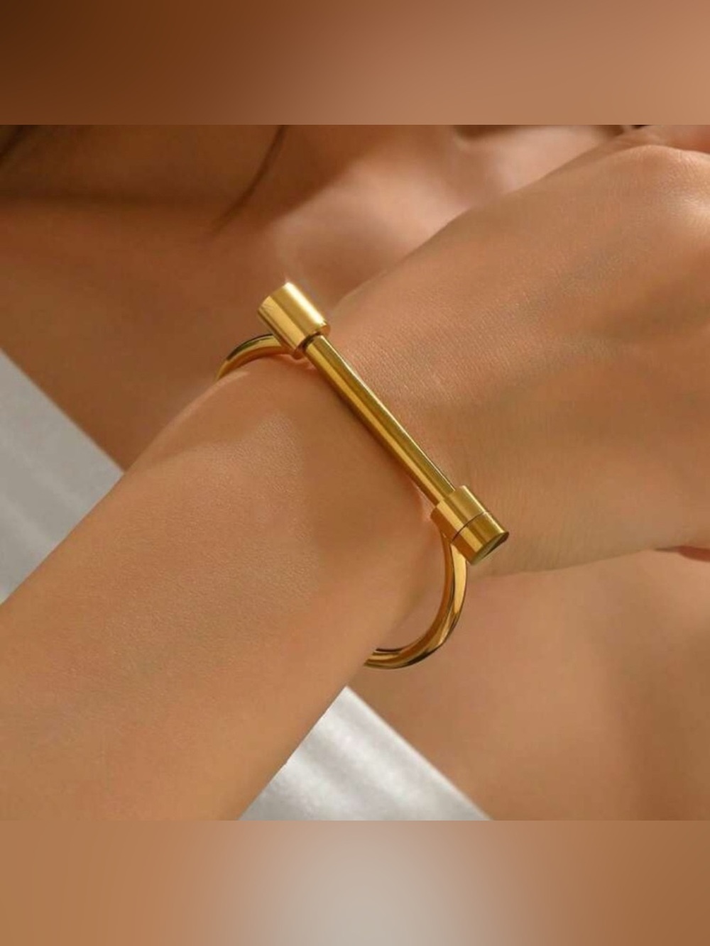 Gold Plated Stainless Steel Bar Cuff Bracelet Tarnish Resistant Minimalist